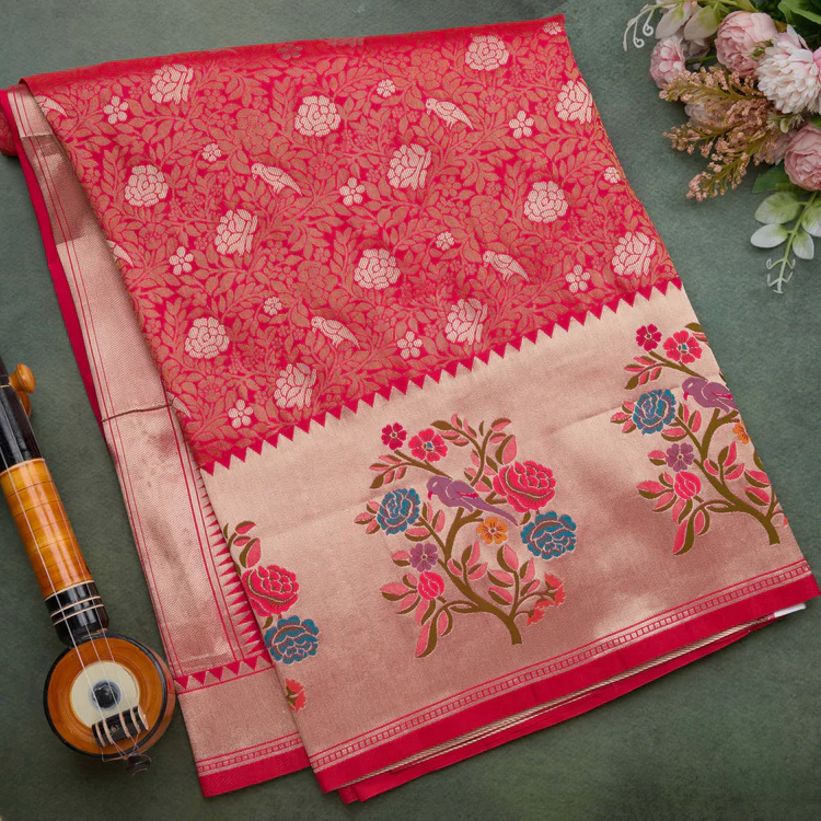 Red Semi Banarasi Silk Saree